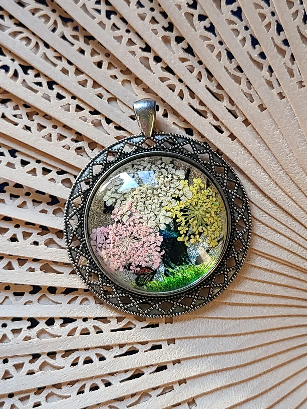 Vintage Yellow Pink Green Floral Resin Pendant Necklace